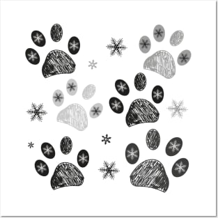 Paw prints with snowflakes Posters and Art